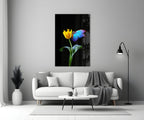 Blue Butterfly Yellow Tulip Glass Wall Art