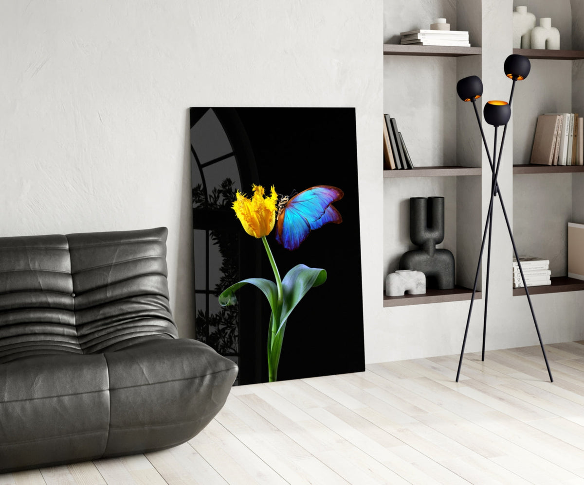 Blue Butterfly Yellow Tulip Glass Wall Art