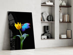 Blue Butterfly Yellow Tulip Glass Wall Art