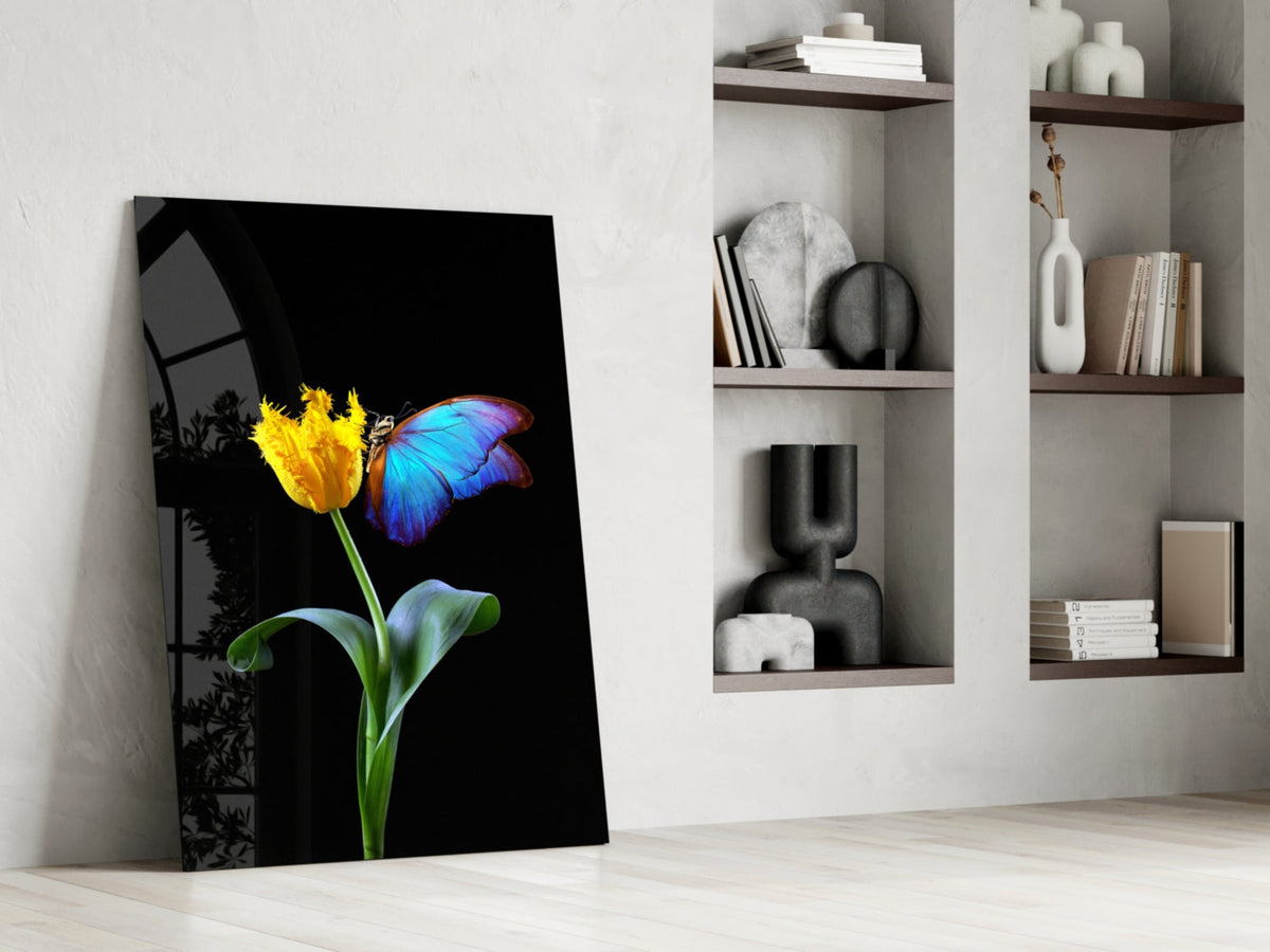 Blue Butterfly Yellow Tulip Glass Wall Art