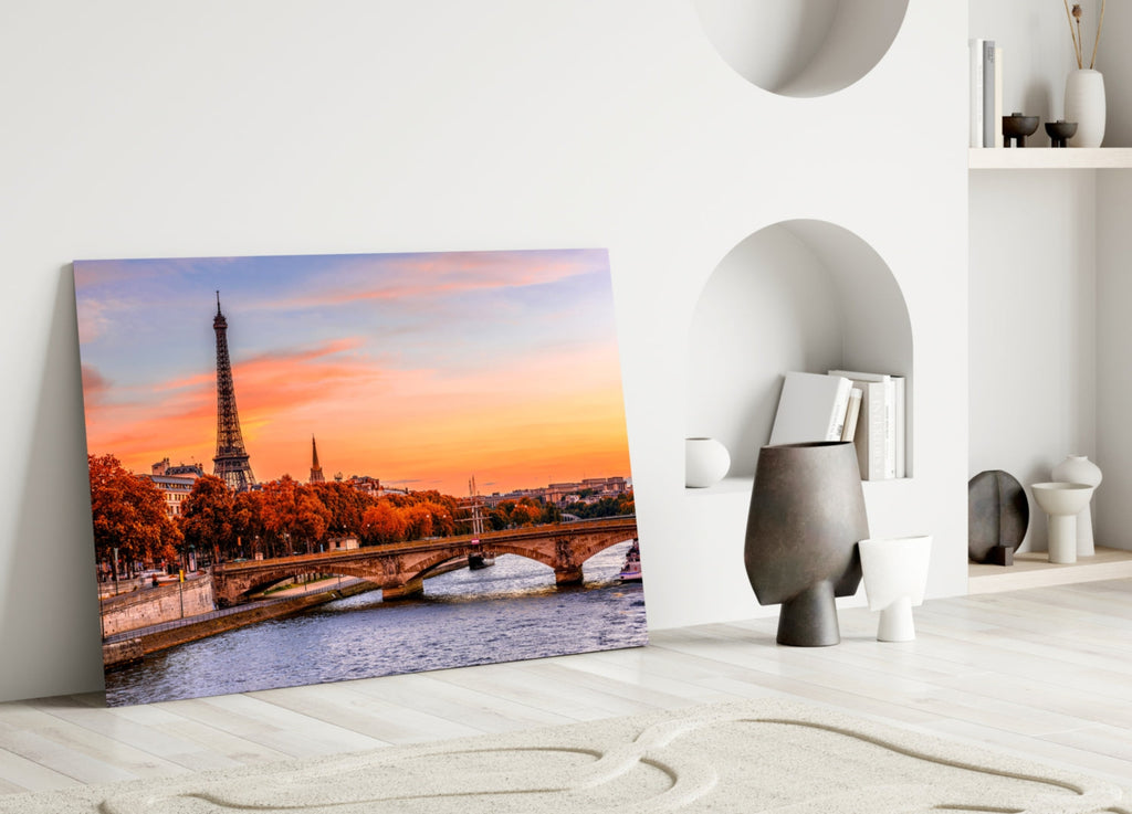 Seine River Bridge Sunset Glass Wall Art