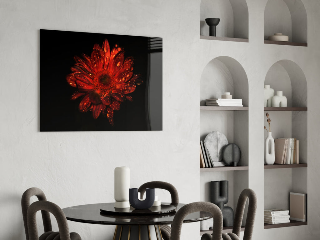Red Dewy Gerbera Flower Glass Wall Art
