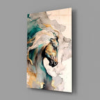 Teal and Gold Marble Horse Glass Wall Art