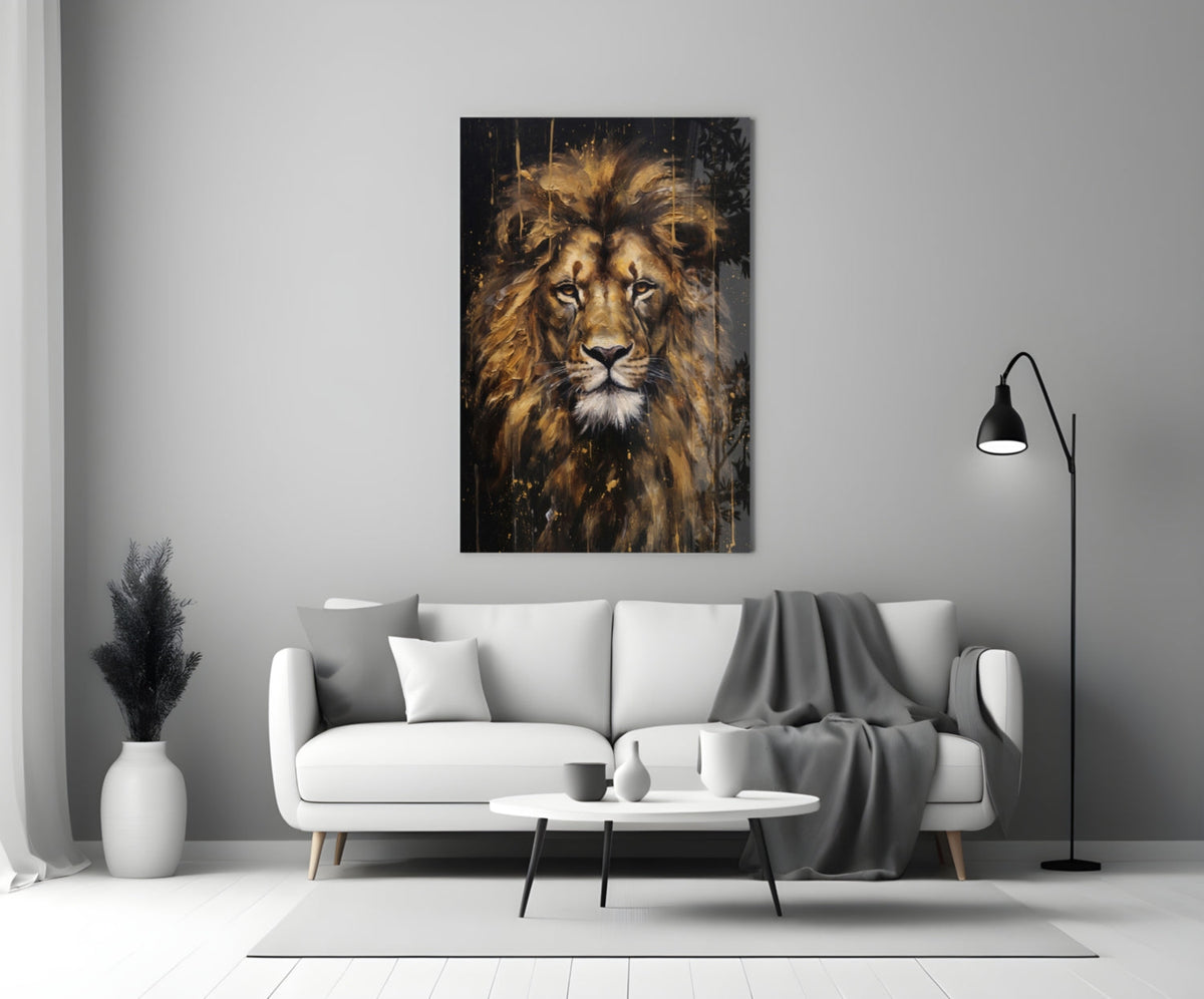 Gilded Paint Drip Lion Glass Wall Art