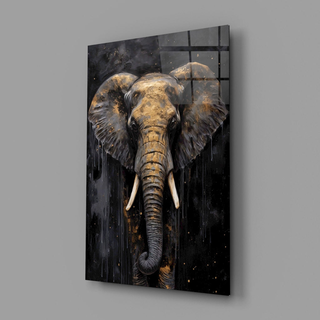 Gold Leaf Elephant Head Black Glass Wall Art