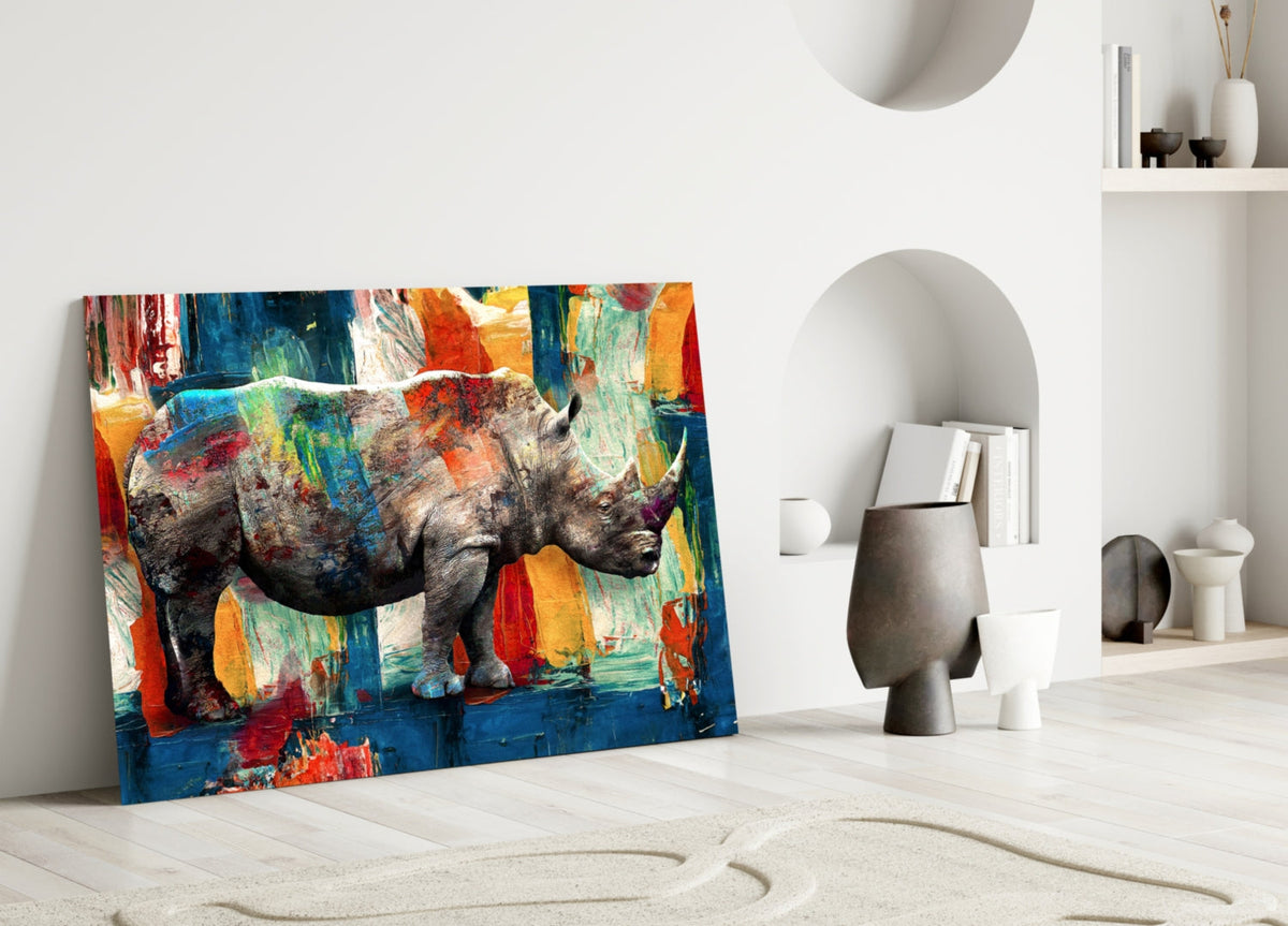 Painted Rhino Color Strokes Glass Wall Art