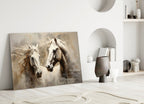 Two White Horses Beige Glass Wall Art