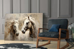 Two White Horses Beige Glass Wall Art