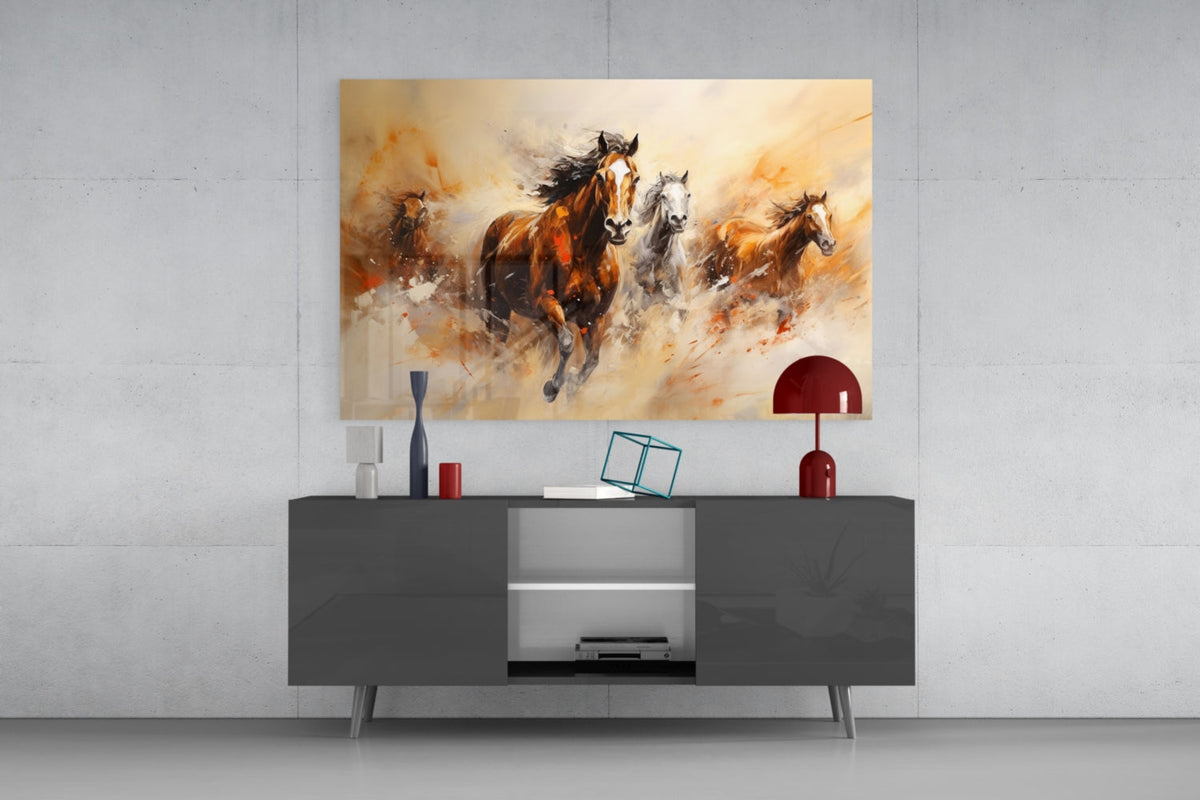 Four Running Horses Ochre Glass Wall Art