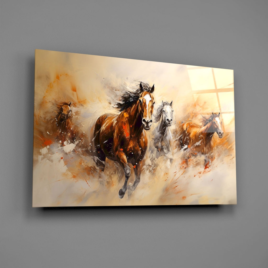 Four Running Horses Ochre Glass Wall Art