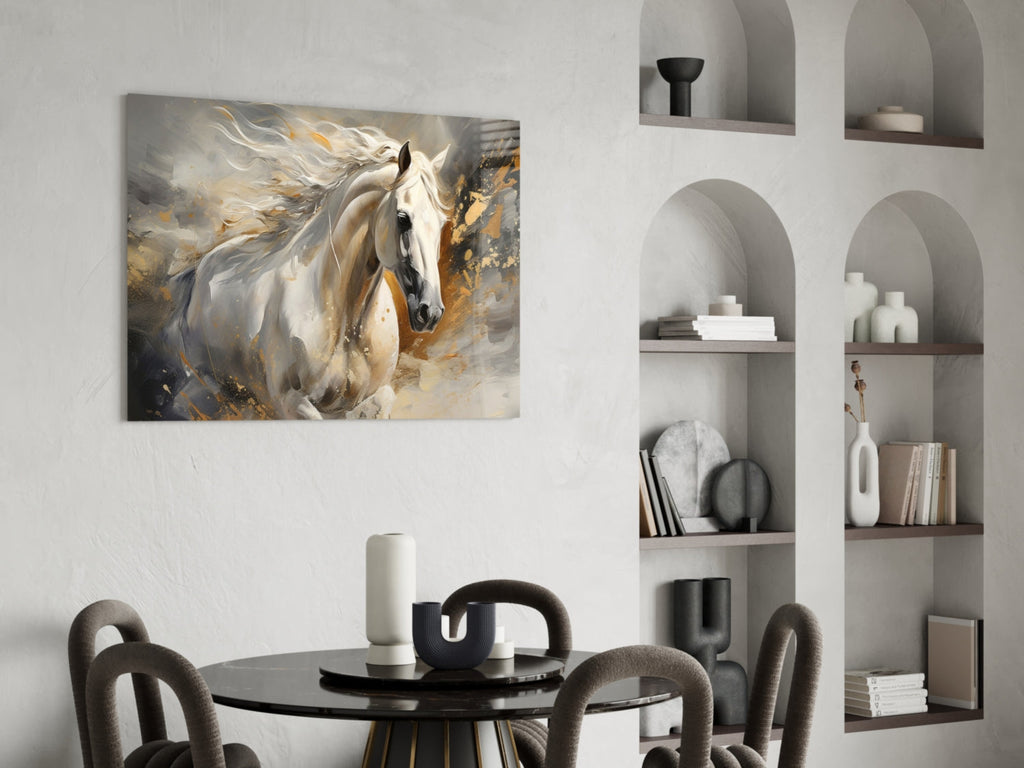 White Horse Gold Splatter Glass Wall Art