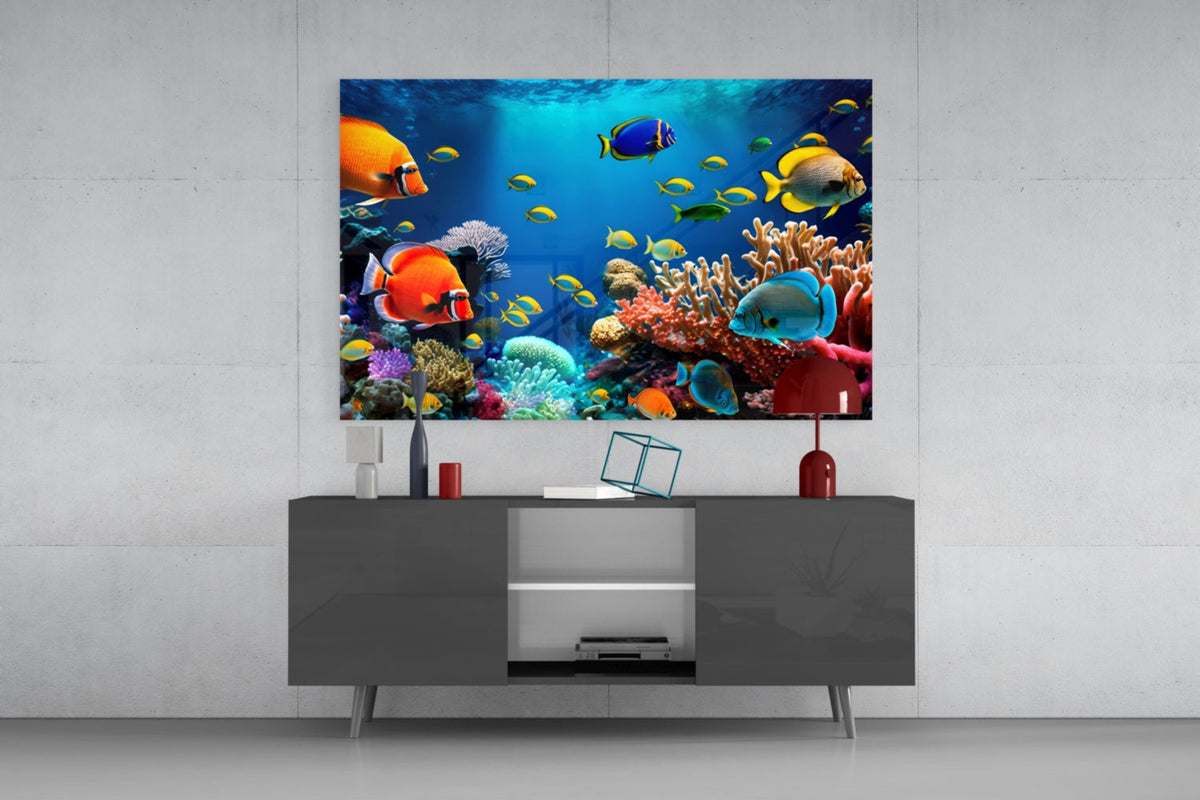 Yellow Tang Shoal Turquoise Reef Glass Wall Art