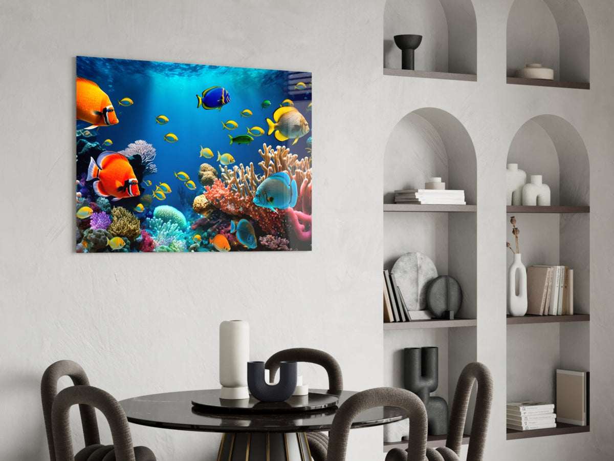 Yellow Tang Shoal Turquoise Reef Glass Wall Art